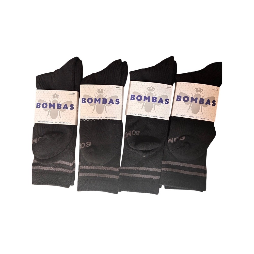 Bombas Classic Crew Socks 4 Pack Black Grey Stripe Large Honeycomb Arch Support